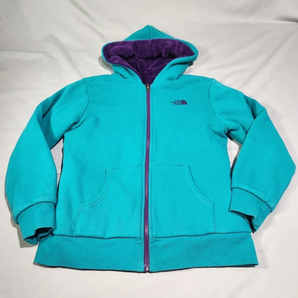 The North Face Elloise Girls 18 XL Reversible Full Zip Hoodie Jacket Teal Purple